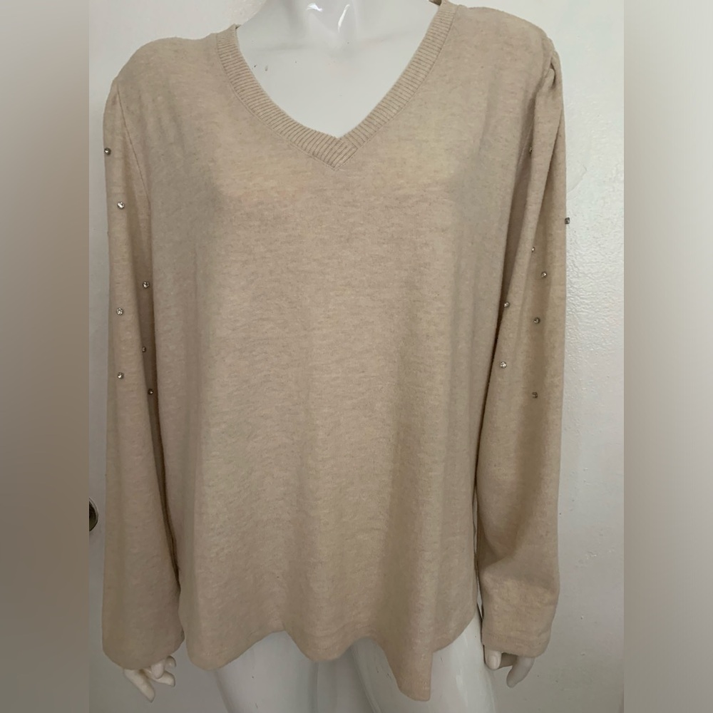 NEWFaithHope women’s all seasons knit top silver faux diamonds ivory size XXL